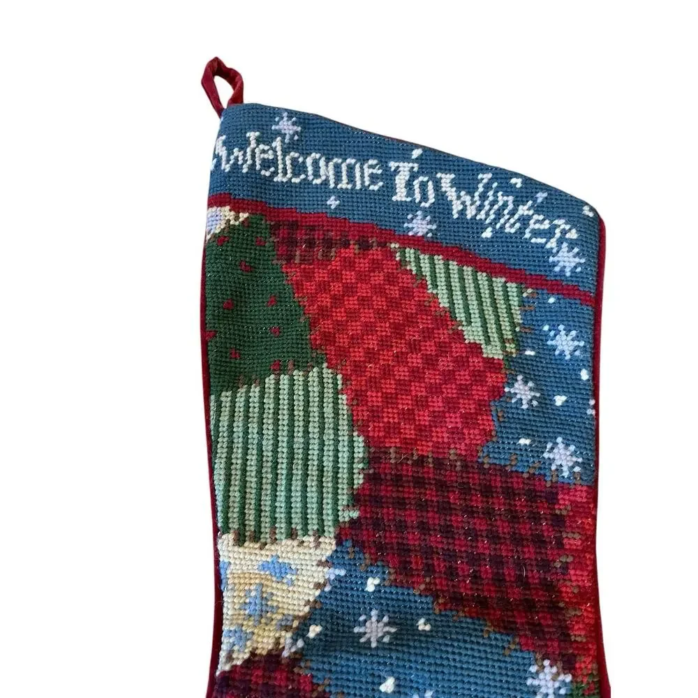 Pair Of Wool Needlepoint Christmas Stockings Snowflakes Patchwork Welcome Winter